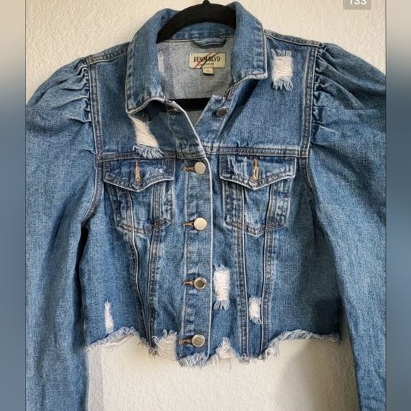 Denim Blvd Los Angeles Puff Sleeve Ripped Raw Hem Crop Jean Jacket Dark Blue S - Picture 3 of 12